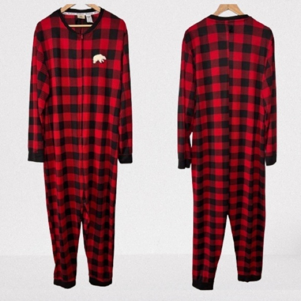 Dearfoams Red Black Buffalo Plaid Adult Onesie W/ Polar Bear Patch Size XL